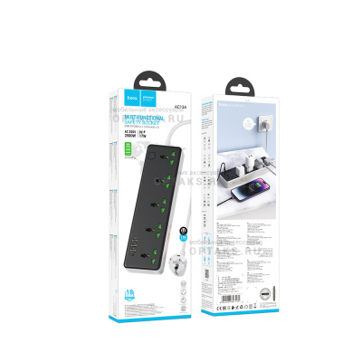 Сетевой фильтр HOCO AC13A, 1.5 м, 10A/250V, 5V/3A, 5 розеток, 3хUSB, Type-C, с выключателем,  черный